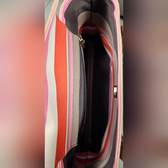 Fashion Tote Handbag Tan Brown Lined Stripe multi - Picture 8 of 12